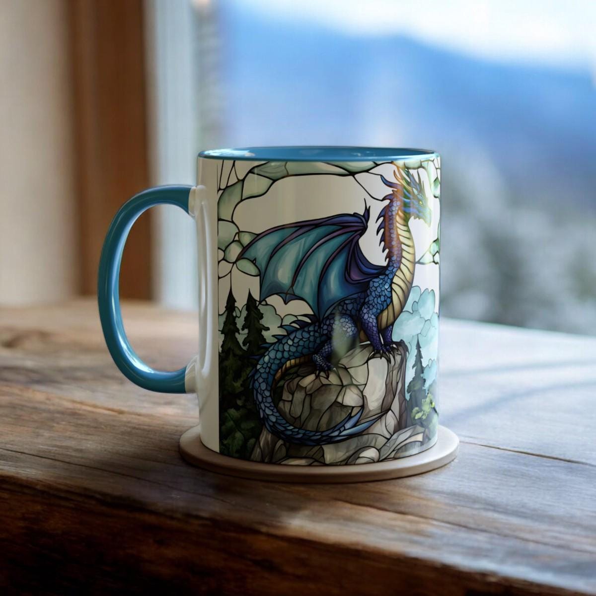 Blue Dragon Mug, Ceramic Dragon Coffee Cup 11oz, Stained Glass