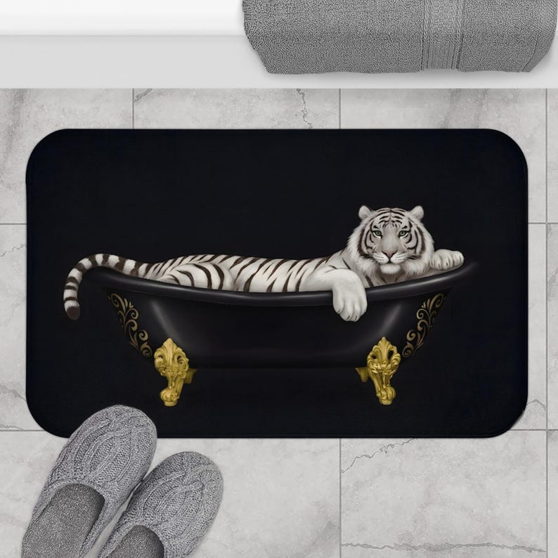 White Tiger Bath Mat, Tiger in Bathtub, Unique Bathroom Rug, Animal Lover Gift, Jungle Bathroom Decor, Cute Bath Mat, Housewarming Gift image 4