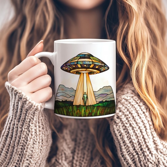 UFO Coffee Mug, Stained Glass UFO Mug 11oz, Alien Themed Coffee Cup, Space Cup, Alien Gift, Sci-Fi Mug, Gift for Sci-Fi Lovers, UFO Gift