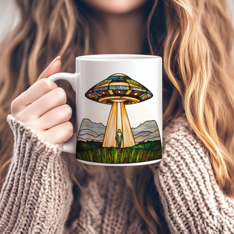 UFO-kaffemugg, UFO-mugg i målat glas 340 ml, kaffekopp med alien-tema, rymdkopp, alien-present, sci-fi-mugg, present till sci-fi-älskare, UFO-present bild 1