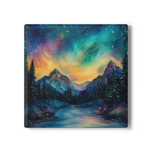 Northern Lights Ceramic Coaster, Aurora Borealis Coaster, Cork Backed Coaster, Mountain Night Sky Decor, Celestial Square Drink Coaster