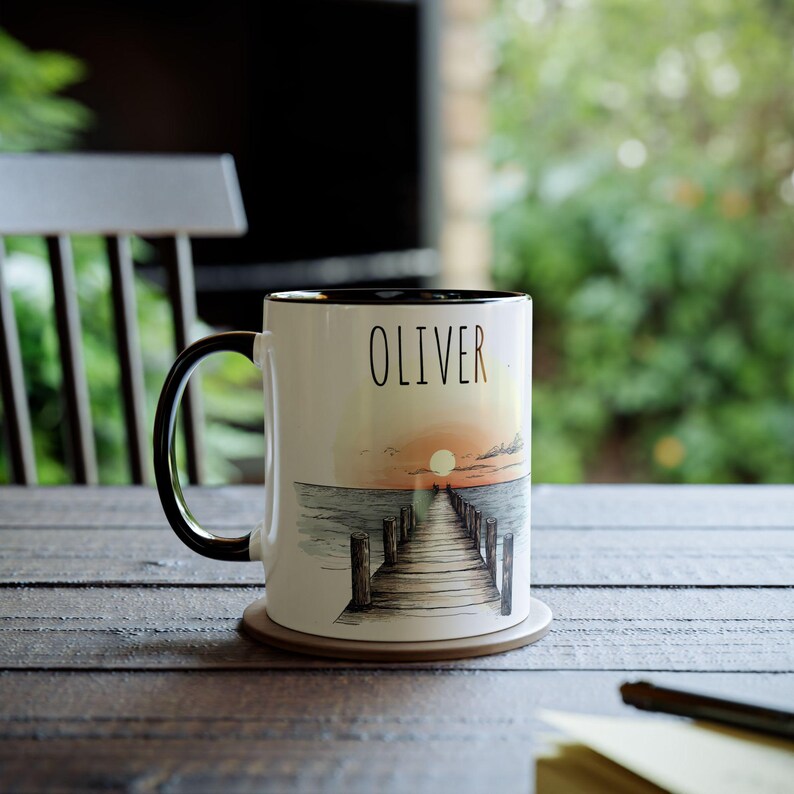 Personalized Ocean Pier Sunset Mug, Custom Name Beach Lover Gift, 11oz