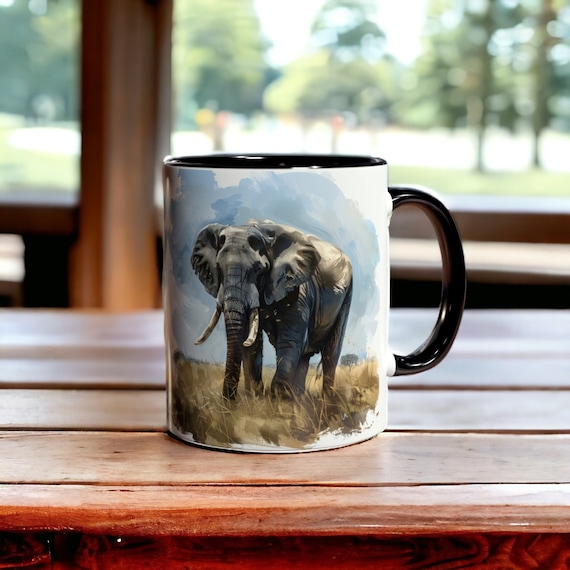 象　マグカップ　陶器　オブジェ　置物　インテリア　工芸品　美術品　A1213 象の絵が描かれたマグカップ、11オンスの陶器製象のコーヒーマグ