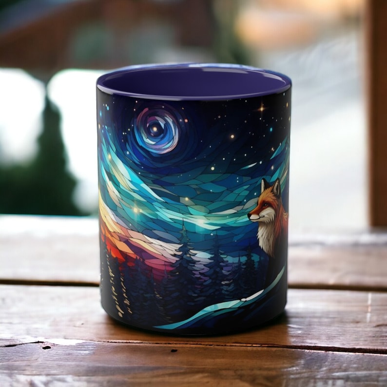 Starry Night Fox Mug - Winter Woodland Ceramic Cup in Stained Glass Design, Fox Coffee Cup, Starry Sky Mug, Forest Animal Mug, Fox Gift image 2