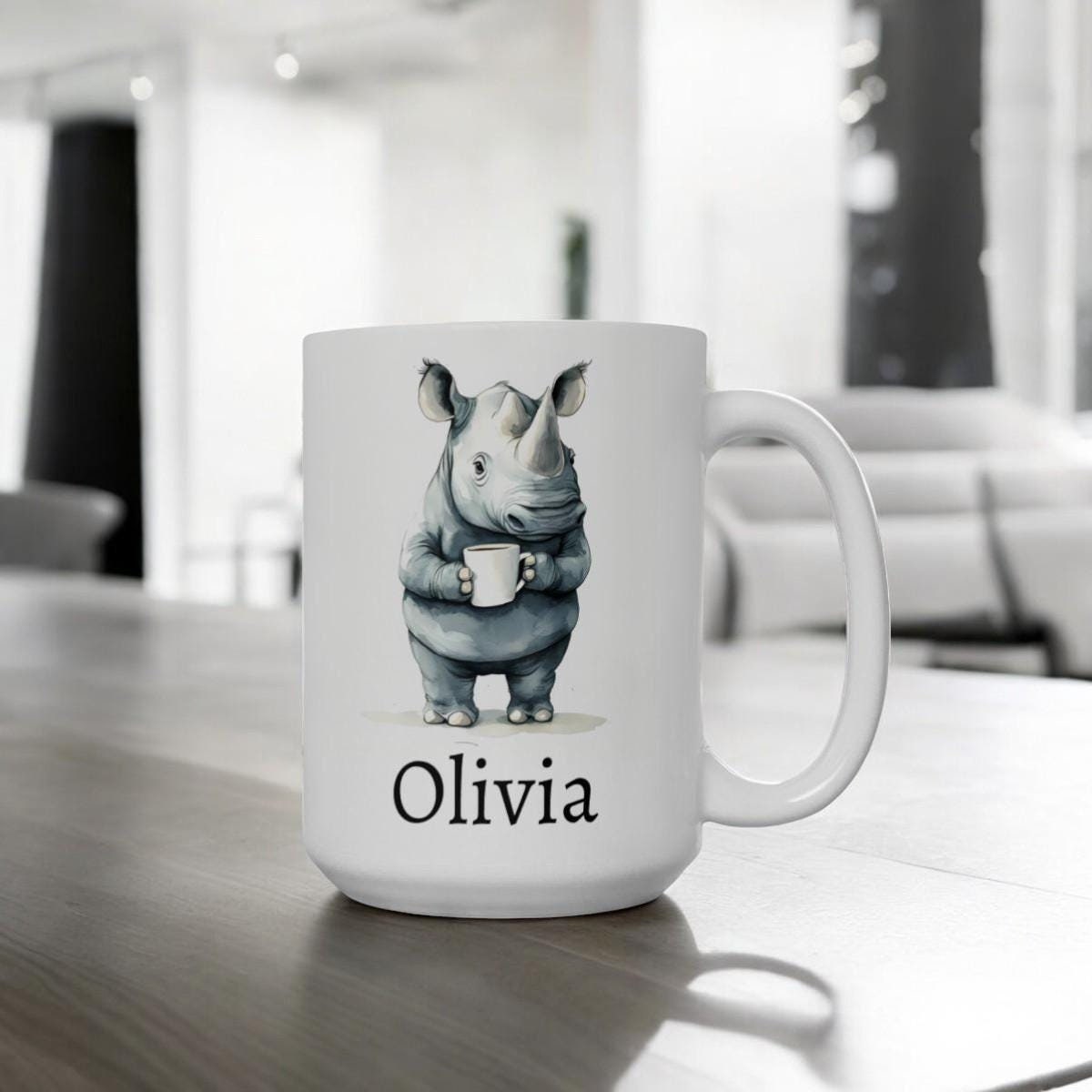Gepersonaliseerde neushoornmok, keramische neushoornkoffiemok 11oz 15oz, aangepaste naammok, neushoornliefhebber cadeau, aangepaste koffiekopje, schattige dierennaam cadeau