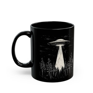 UFO Coffee Mug, Black UFO Mug, UFO Over Forest Ceramic 11oz, Alien Coffee Cup, Space Cup, Alien Gift, Sci-Fi Mug, Gift for Sci-Fi Lovers image 5