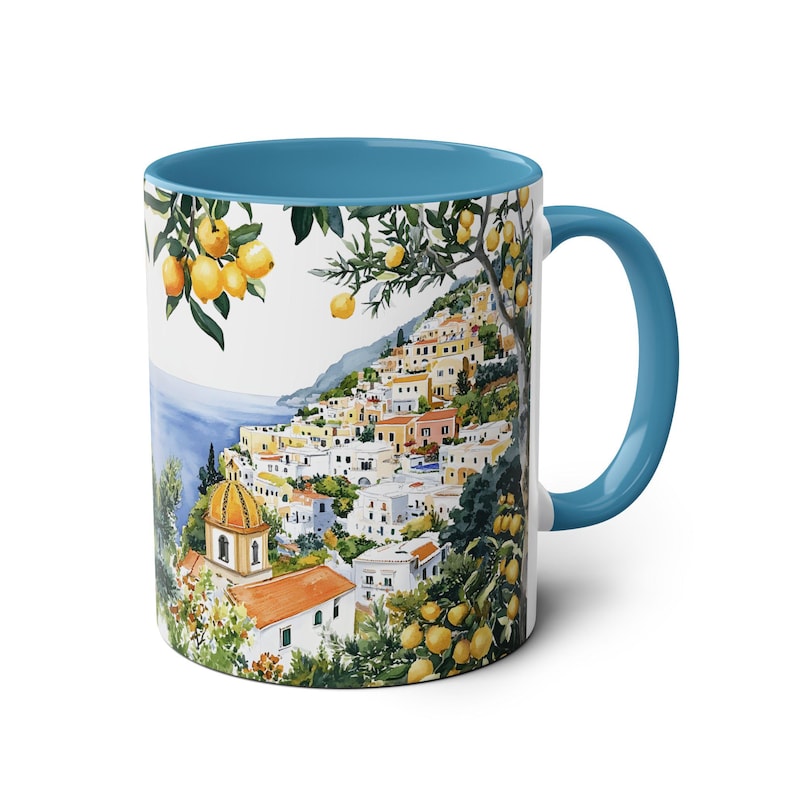 Mok Positano Italië, koffiekopje Amalfikust 11oz, mediterrane reiscadeau, mok citroenkunst, kustlandschap koffiemok natuur Italiaans cadeau afbeelding 3