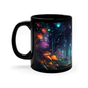 Mystische Pilzwald Tasse, Psychedelische Natur Kaffeetasse, Fantasy Schwarz Keramiktasse, Magische Waldpilze Kunst, 11oz Tasse für Träumer Bild 6