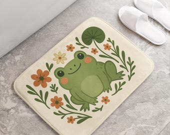 Frog Bath Mat, Cute Frog Bathroom Decor, Smiling Frog Rug, Whimsical Green Bathroom Floor Mat, Playful Animal Shower Mat, Frog Lover Gift