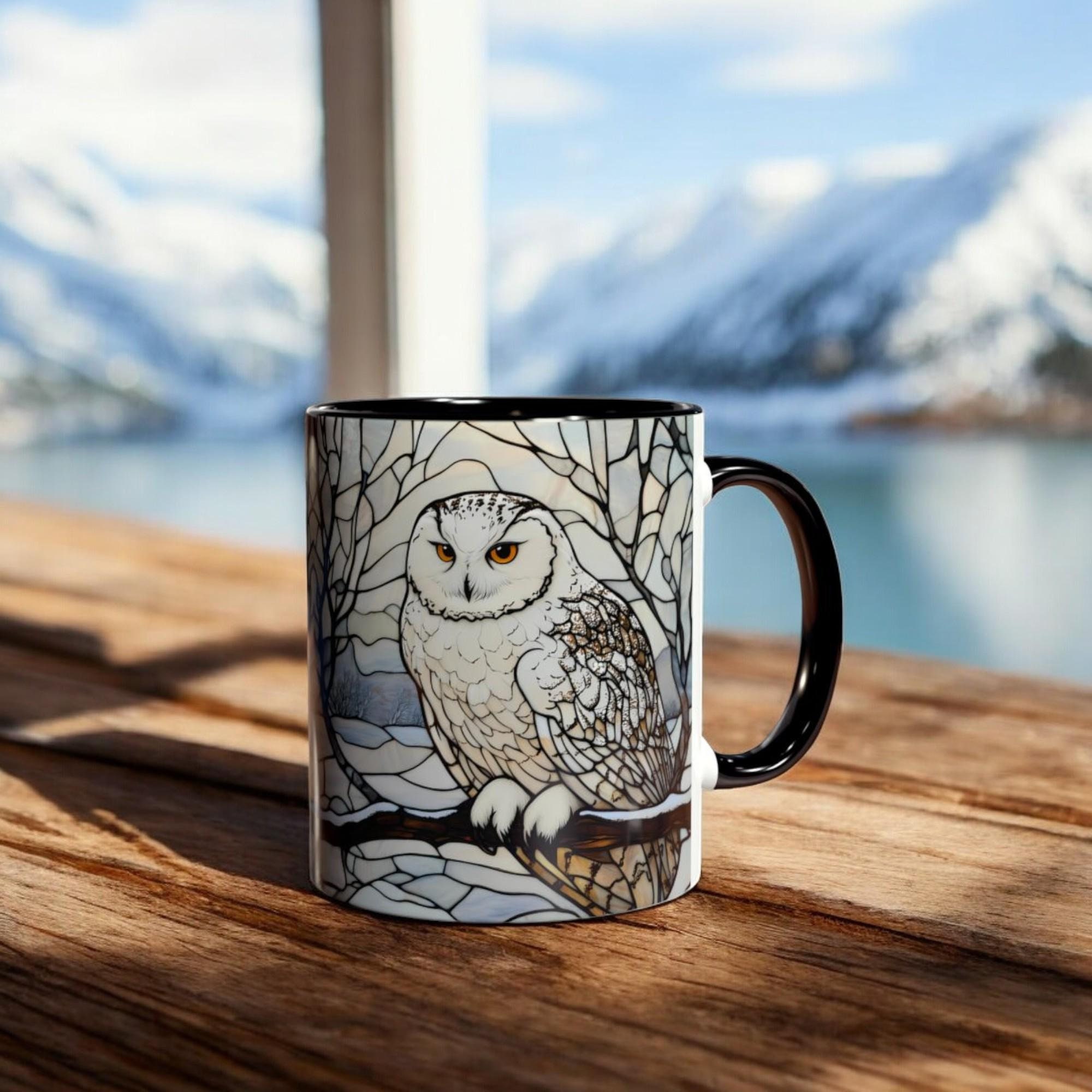 Snowy Owl Mug, 11oz Ceramic Owl Themed Coffee Cup, Stained Glass Arctic Bird Mug, Arctic Wildlife Gi