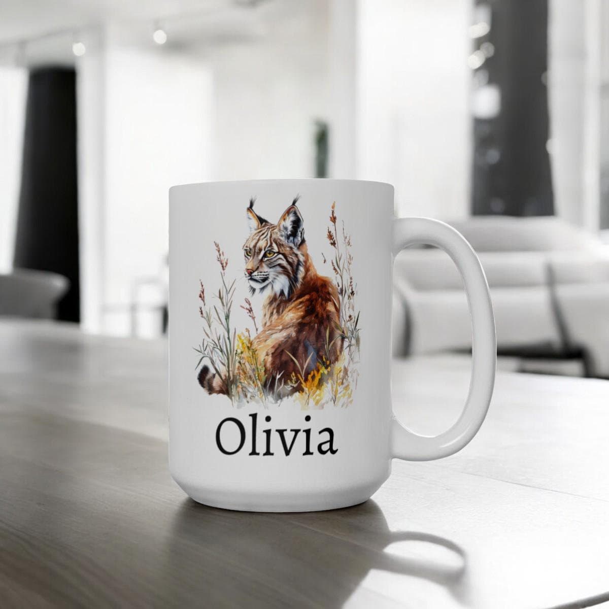 Personalized Watercolor Lynx Mug, Ceramic Animal Coffee Mug 11oz 15oz, Custom Coffee Cup, Wild Cat Lover Gift, Lynx Name Mug, Name Gift