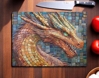 Dragon Glass Cutting Board, Fantasy Kitchen Decor, Mythical Chopping Board, Fire Dragon Serving Tray Medieval Gift for Him Dragon Lover Gift