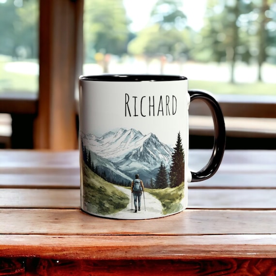 Personalized Hiker Mug, Custom Name Ceramic Hiking Coffee Mug, Mountain Landscape Tea Cup, Personalised Gift for Hikers & Nature Lovers