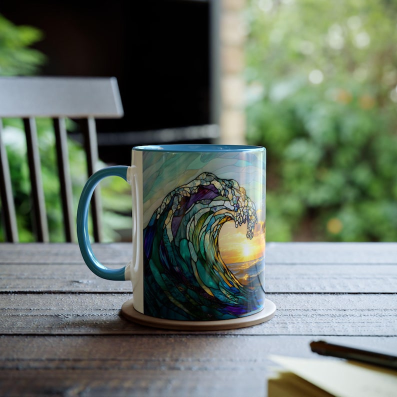 Tazza in vetro colorato con onda oceanica, tazza da caffè da spiaggia, regalo per gli amanti dell'oceano, tazza con decorazione per la casa costiera, tazza in ceramica con onda marina da 11 once immagine 7