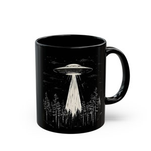 UFO Coffee Mug, Black UFO Mug, UFO Over Forest Ceramic 11oz, Alien Coffee Cup, Space Cup, Alien Gift, Sci-Fi Mug, Gift for Sci-Fi Lovers image 3