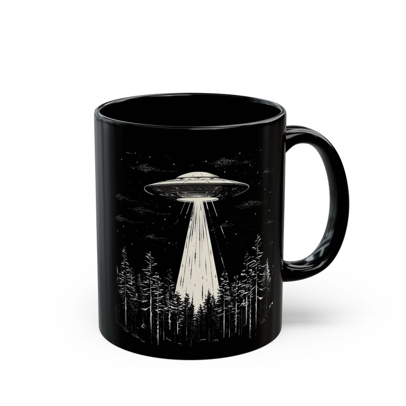 UFO Coffee Mug, Black UFO Mug, UFO Over Forest Ceramic 11oz, Alien Coffee Cup, Space Cup, Alien Gift, Sci-Fi Mug, Gift for Sci-Fi Lovers image 3
