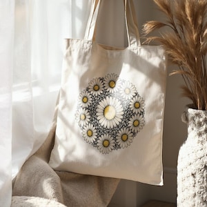 Daisy mandala-draagtas, mandala-bloemdraagtas, Cottagecore-ecotas, boho bloemencadeau, natuurliefhebber-draagtas, esthetische wilde bloemen-boodschappentas