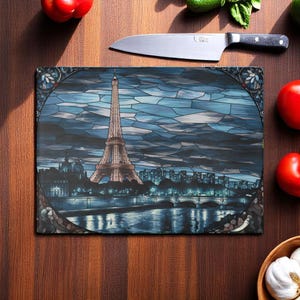 Stained Glass Eiffel Tower Glass Cutting Board, Paris Nightscape Kitchen Decor, Unique Gift for French Art, Chopping Board for Travel Lovers