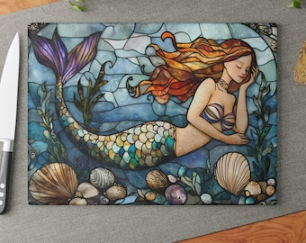 Mermaid Glass Cutting Board, Mosaic Ocean Kitchen Decor, Coastal Fantasy Tray Sea Life Chopping Board, Tempered Glass Art Mermaid Lover Gift