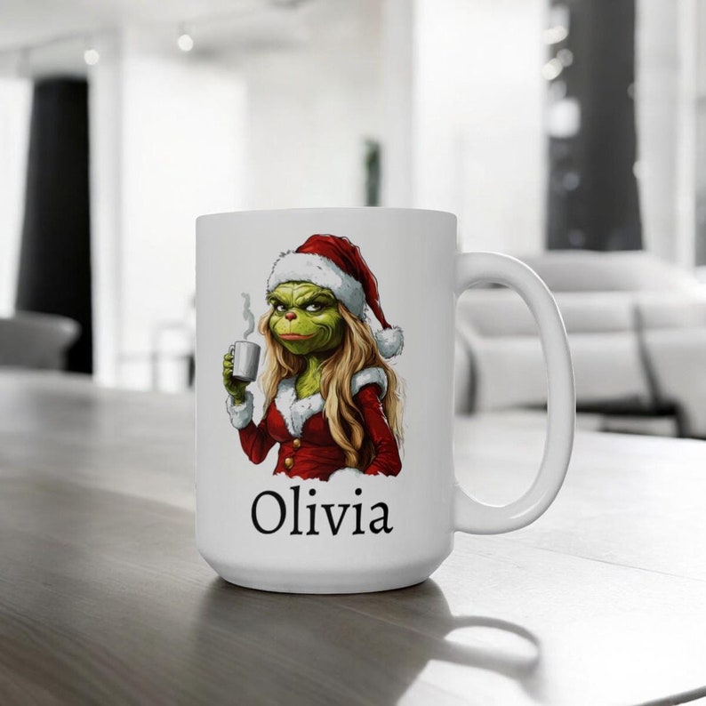 Personalized Female Grinch Mug, Ceramic Christmas Coffee Mug 11oz 15oz
