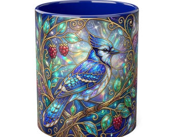 Stained Glass Blue Jay Mug, Vibrant Bird Art Coffee Cup, Nature Lover Gift