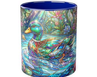 Stained Glass Duck Mug, Vibrant Waterfowl Art Coffee Cup, Nature Lover Gift