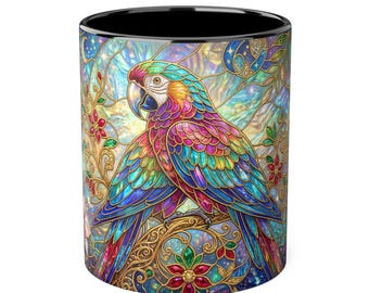 Stained Glass Parrot Mug: Tropical Bird Art Coffee Cup, Parrot Lover Gift