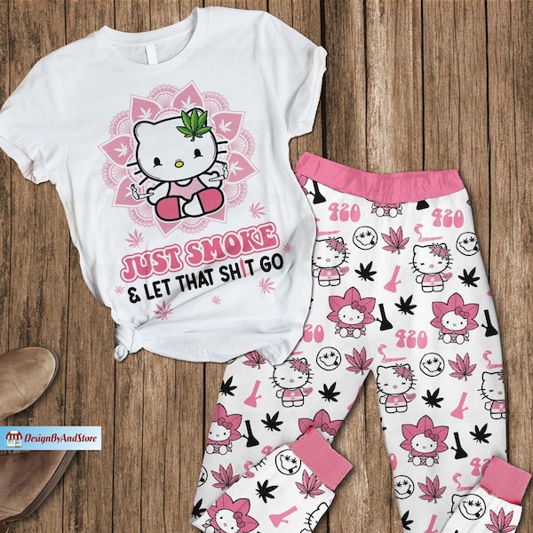 Hello Kitty Pajamas, Hello Kitty Pajamas Pants, Hello Kitty Shirt, Cute Kat Holiday Pajamas, Kitty Cat Bridesmaid Pajamas