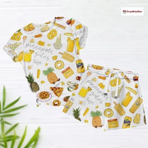 Pineapple Print T-Shirt & Shorts PJs Set, Fruit Print Short Sleeve Pajama, Yellow Girly Pyjama, Shorts PJs