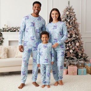 Stitch Family Pajamas, Disney Family Long Pajamas, Blue Long Sleeve PJs, Matching Pajamas Set, Family Sleepwear Xmas Gift