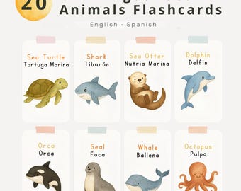 Bilingual Sea Animals Flashcards | English & Spanish Ocean Animal Cards for Kids | Montessori Learning | Homeschool Printable