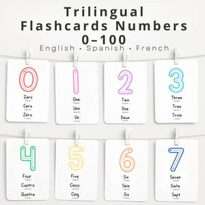 Trilingual Flashcards Numbers 0-100, Printable Number Flashcards, Learn to Count, Kindergarten, Preschool Activity, English-Spanish-French