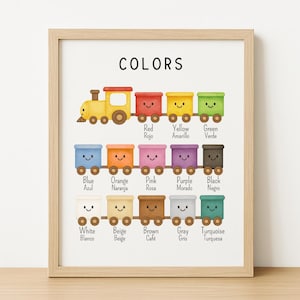 Puede incluir: Una impresión enmarcada que presenta un tren colorido con caras sonrientes, cada vagón representa un color diferente. La palabra "COLORS" está en la parte superior, con nombres de colores en inglés y español. Una pieza alegre y educativa.