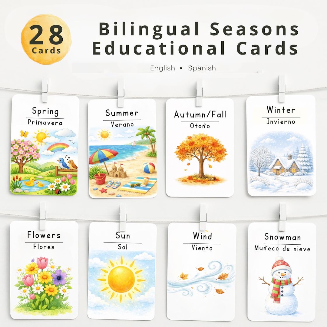 Bilingual Seasons Flashcards | English & Spanish Seasons Vocabulary ...