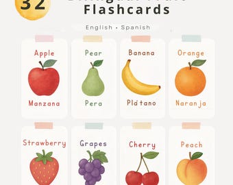 Bilingual Fruit Flashcards | English & Spanish Food Cards for Kids | Montessori Fruits Chart | Homeschool Printable