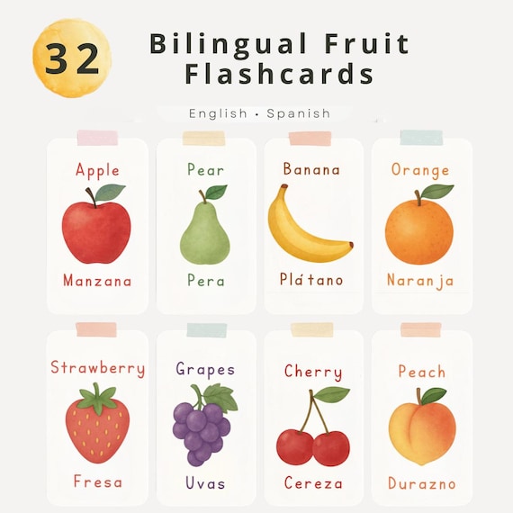 Bilingual Fruit Flashcards | English & Spanish Food Cards for Kids | Montessori Fruits Chart | Homeschool Printable
