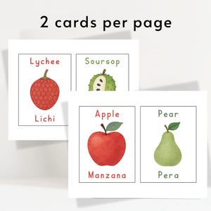 May include: Two white cards with watercolor illustrations of fruits. The top cards show a red lychee and a green soursop. The bottom cards display a red apple and a green pear. Each fruit has its name written below it.