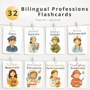 May include: A set of 32 bilingual profession flashcards in English and Spanish. Each card features a watercolor illustration of a profession, such as a pilot, dentist, soldier, nurse, teacher, astronaut, veterinarian, and firefighter.