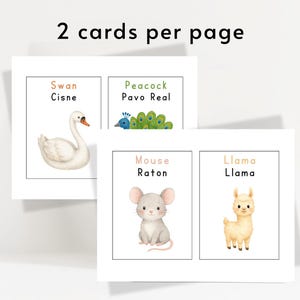 May include: Two white cards with animal illustrations. The top left card shows a swan, and the top right card shows a peacock. The bottom left card shows a mouse, and the bottom right card shows a llama. Text at the top says "2 cards per page".