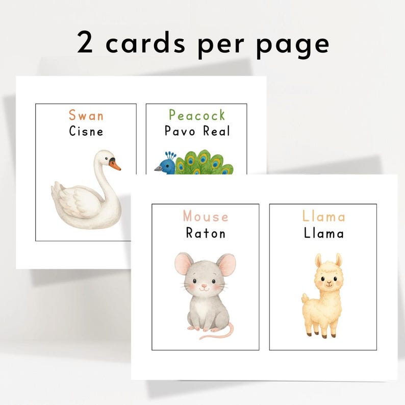 May include: Two white cards with animal illustrations. The top left card shows a swan, and the top right card shows a peacock. The bottom left card shows a mouse, and the bottom right card shows a llama. Text at the top says "2 cards per page".