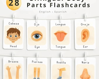 Cartes-éclair bilingues sur les parties du corps pour enfants | Anglais et espagnol | Cartes d'anatomie Montessori | Apprentissage préscolaire imprimable | 28 cartes d'aquarelle