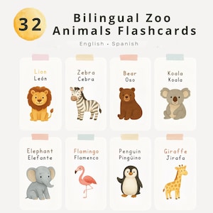 Zweisprachige Zootiere Karteikarten | Englisch & Spanisch Vokabelkarten für Kinder | Montessori Lernen | Hausschule zum Ausdrucken