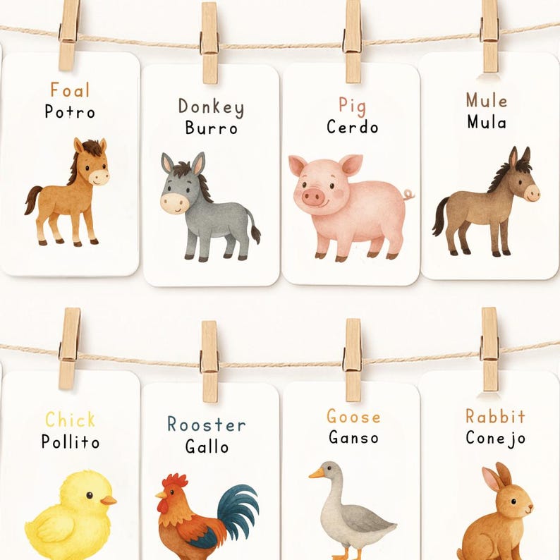 May include: Eight animal flashcards with watercolour illustrations and names in English and Spanish. Animals depicted are a foal, donkey, pig, mule, chick, rooster, goose, and rabbit. The cards are suspended from a string with wooden pegs.