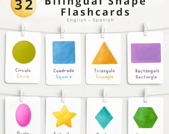 32 Bilingual Shape Flashcards with Dot-Outline Version | Learn Shapes in English & Spanish | Printable Educational Cards for Kids
