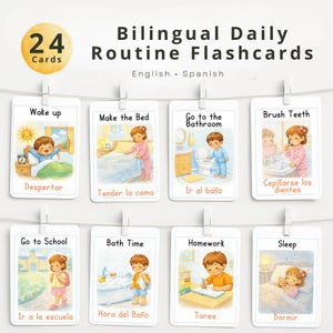 Puede incluir: Juego de 24 tarjetas didácticas bilingües de rutinas diarias, con ilustraciones de niños realizando actividades cotidianas. Las tarjetas incluyen texto en inglés y español, como "Wake up", "Make the Bed" y "Go to School".