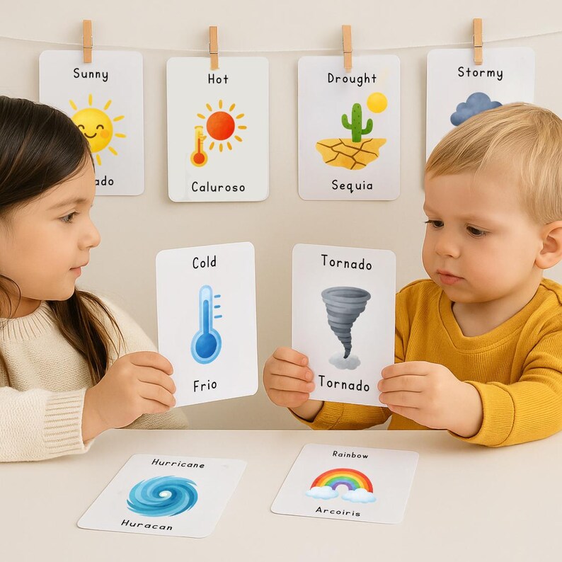 20 Bilingual Weather Flashcards for Kids | Spanish English Weather ...