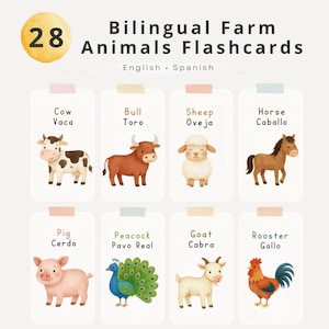 May include: A set of eight bilingual farm animal flashcards. Each card features a watercolor illustration of an animal, with the English and Spanish names below. The cards include a cow, bull, sheep, horse, pig, peacock, goat, and rooster.