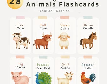 Bilingual Farm Animals Flashcards | English & Spanish Vocabulary Cards for Kids | Montessori Farm Animal Learning | Homeschool Printable