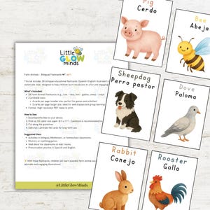 May include: Bilingual flashcards with farm animals illustrated in watercolour. Each card shows an animal with its name in English and Spanish. Animals include a pig, bee, sheepdog, dove, rabbit, and rooster. The set also includes a product description.