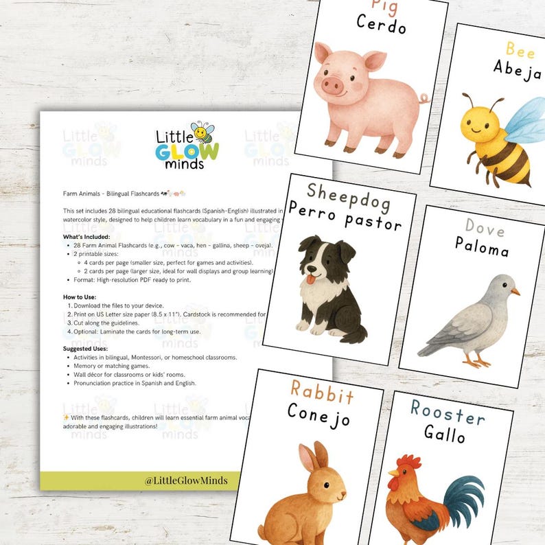May include: Bilingual flashcards with farm animals illustrated in watercolour. Each card shows an animal with its name in English and Spanish. Animals include a pig, bee, sheepdog, dove, rabbit, and rooster. The set also includes a product description.
